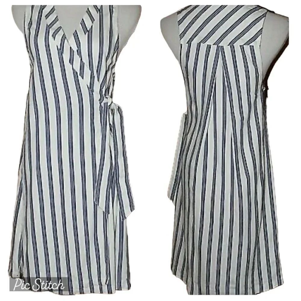 Free People Wm’s Sz XS Blue White Stripe Sleeveless Wrap Side Slit Dress